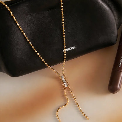 Y Shape Lariat Necklace Mini Bead Ball Chain Sparkling Zircon Tassel Drop Clavicle Chain Stainless Steel Waterproof Minimalis