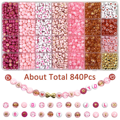 300/840pcs Pink, Red & White, Golden Letter & Heart Acrylic Beads Set - Jewelry Making Kit for DIY Bracelets, Necklaces - 840