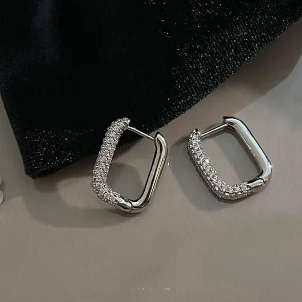 Luxury Full of Zircon Shiny Geometric Square Hoop Earrings for Women Temperament Gold Color Stainless Steel Korea Jewelry Gif