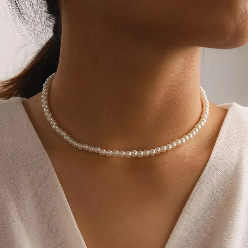 New Korean Pearl Necklaces for Women Gold Color Link Chain Choker Fashion Neck Accessories Elegant Collar Bijoux Femme