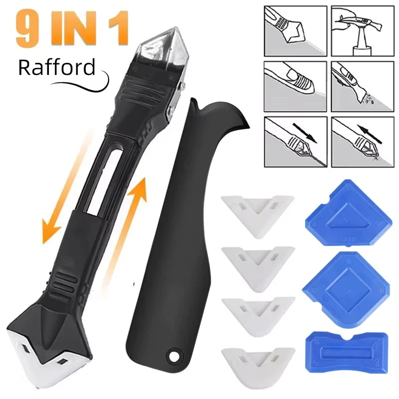 5 in 1 Metal Head Shovel Glue Tool Kit: Silicone Spatula, Caulk Remover, Grout Removal, Sealant Finishing & Corner Scrap - 9 