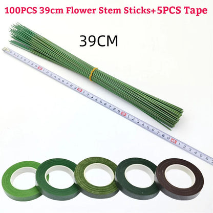 Green Flower Stem Sticks DIY Floral Material Handmade Wire Stem Floriculture Tape Self-adhesive Bouquet Floral Stem Paper Tap