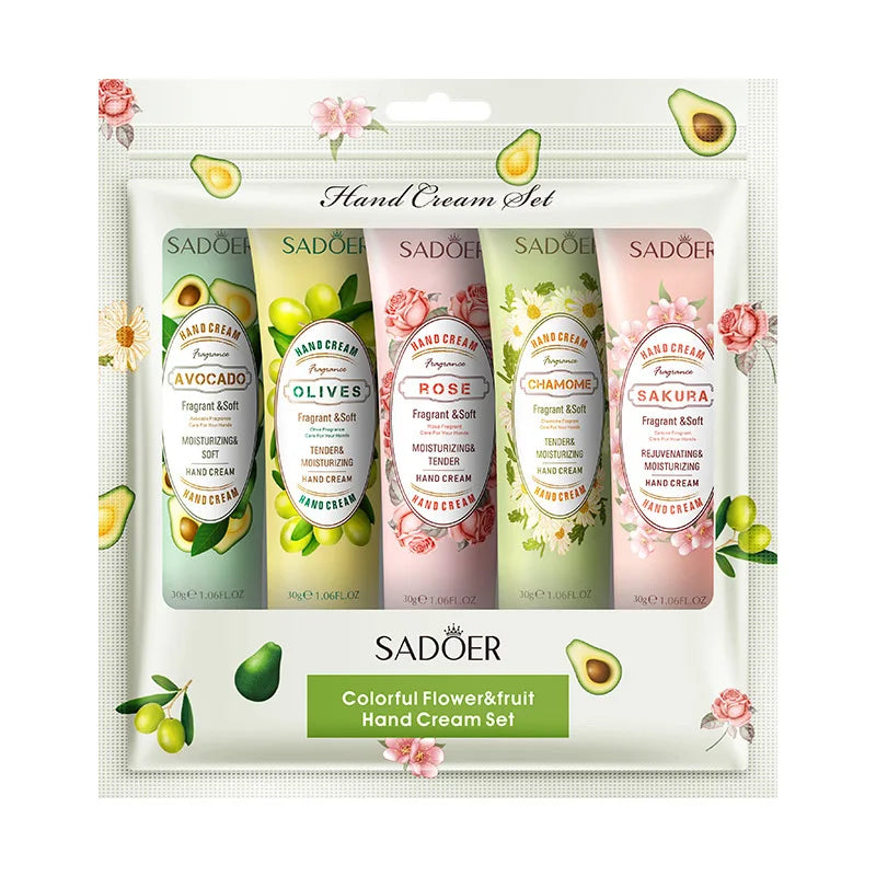 5Pcs/set SADOER Fruit Plant Fragrance Hand Cream Sets Moisturizing Repair Anti Dry Hand Lotion Sets Hands Skin Care Products 