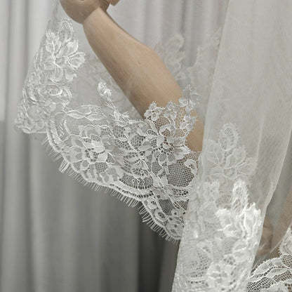 Customized Short Mantilla Wedding Veil with Eyelash Lace, 1m/1.5m/2m Short/Medium Length Veil with Hidden Comb, Single Tier V
