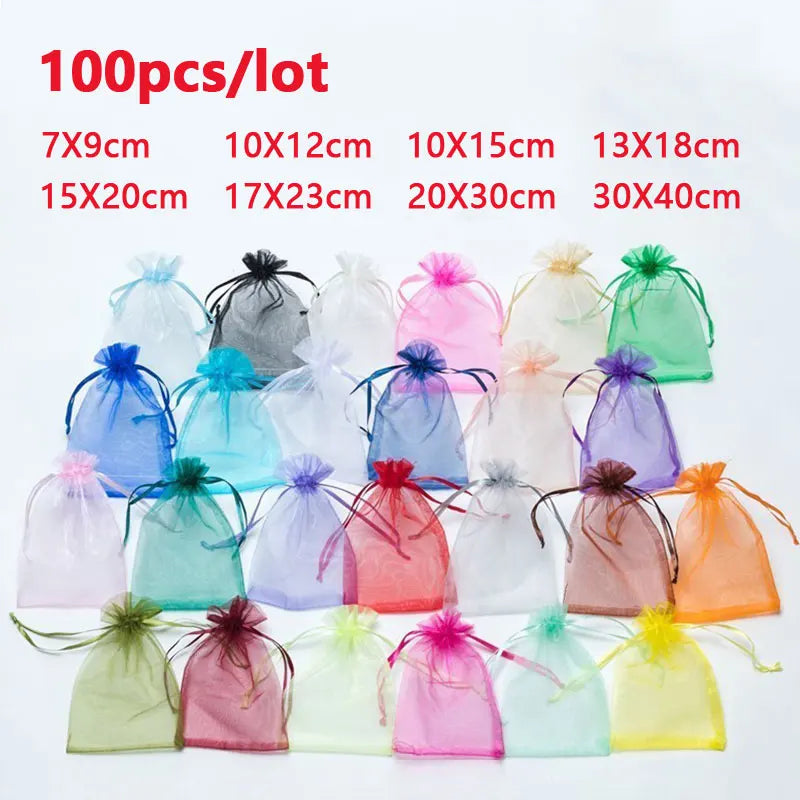 100Pcs/lot 7x9 9x12 10x15 13x18CM Organza Bags Jewelry Bag Wedding Party Decoration Drawable Bags Gift Pouches Jewelry Packag