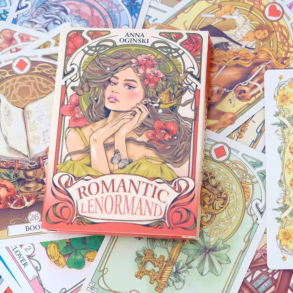 Romantic Lenormand Oracle Cards 10.2*7.2cm English Vision Art Nouveau Floral Motifs 37 Pcs Deck 4*2.8inch For Party, Board Ga