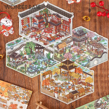 DIY Cartoon Cat Leisure Life in 4 Seasons Landscape Sticker 3D Pocket Cabin Scene Stacking Pasting Stickers Gift for Kid Chil