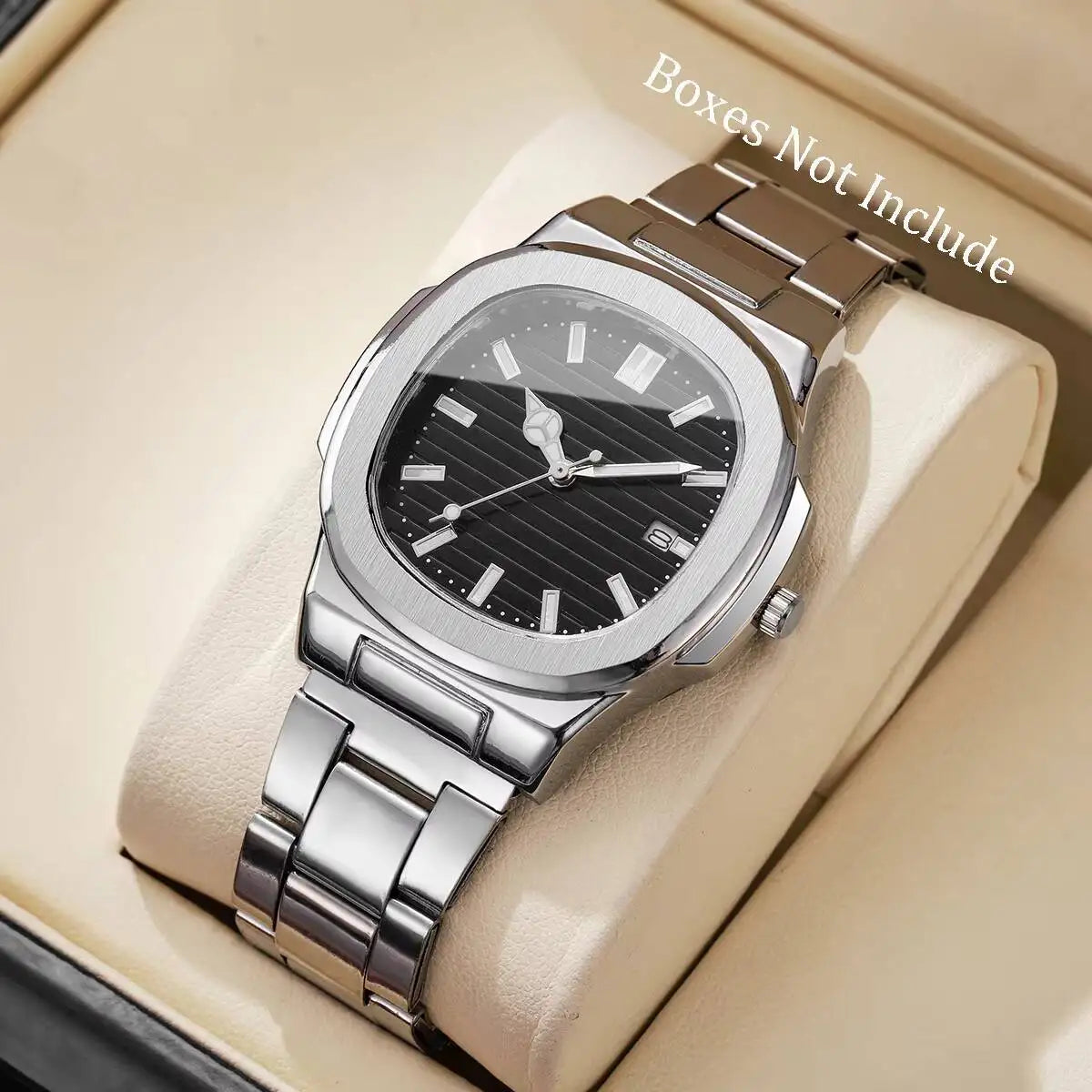 Luxury Men Business Watches Fashion Square Dial Stainless Steel Strap Quartz Watch with Calendar For Mens Clock（Without Box） 