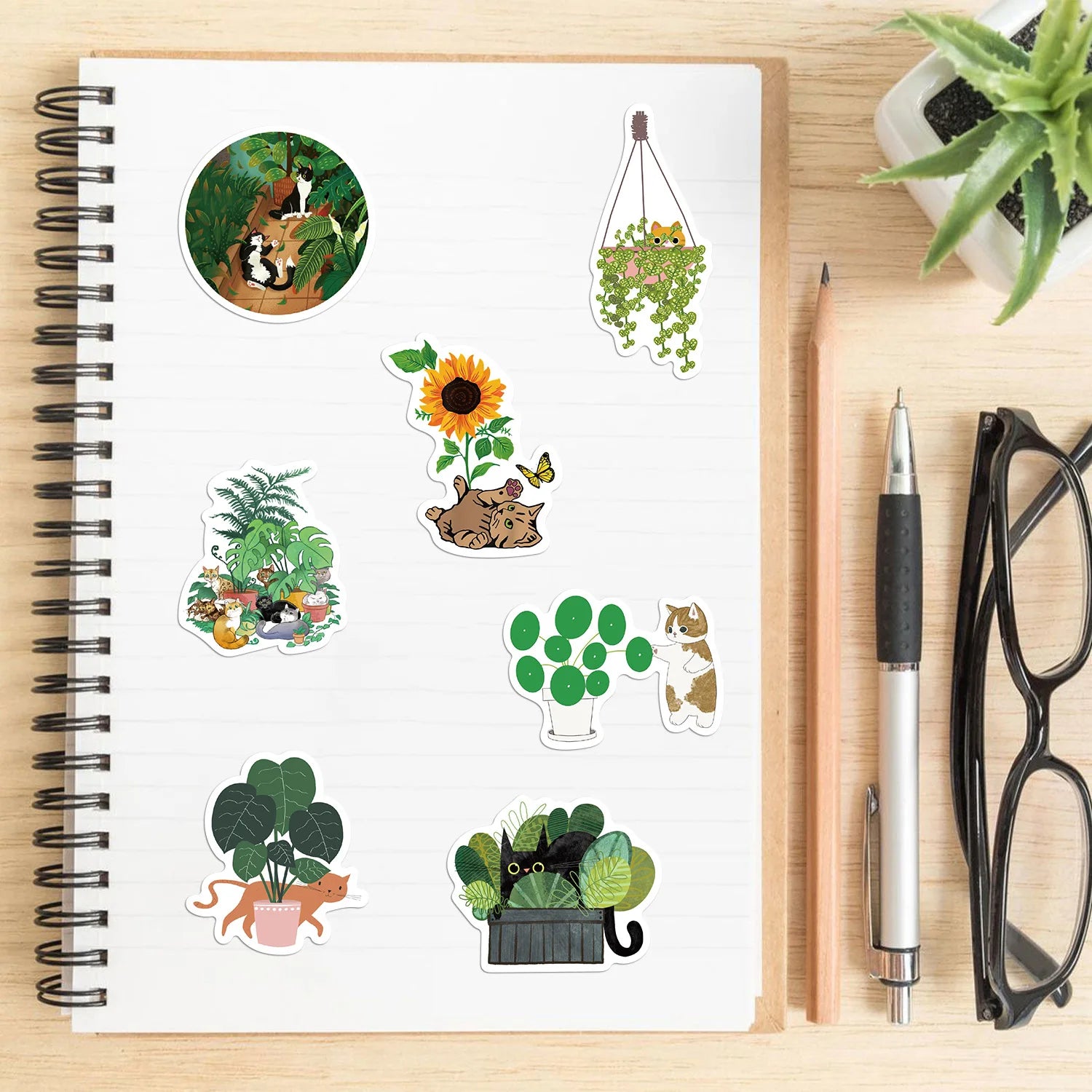50 PCS Cat and Plant Stickers for Water Bottles,Cute Vinyl Waterproof Laptop Skateboard Stickers Aesthetic Computer Hydroflas