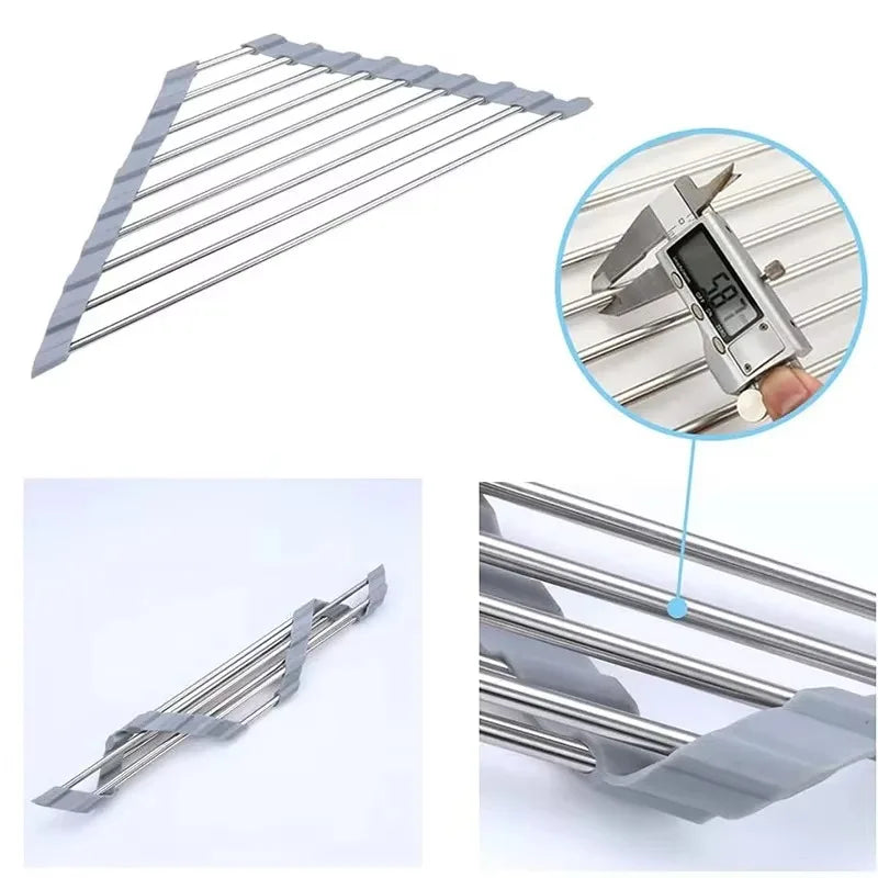 Roll Up Triangle Dish Drying Rack Kitchen Sink Organizer Corner Over the Sink Sponge Rag Holder Foldable Stainless Steel Drai