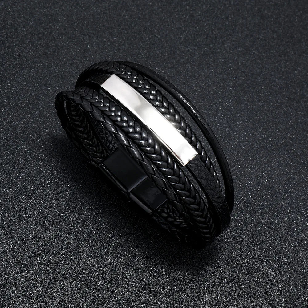 Trendy Leather Bracelets For Men Stainless Steel Bracelet 21CM Multilayer Braided Rope Bracelets for Male Jewelry Gifts - 17