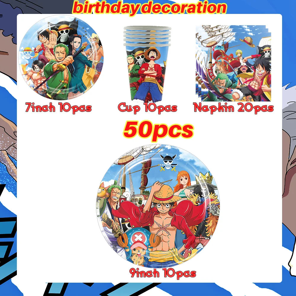 One Piece Birthday Party Dinner Plates Hanging Banner Cake Decoration One Piece Luffy Balloon Party Decoration Theme Props Gi