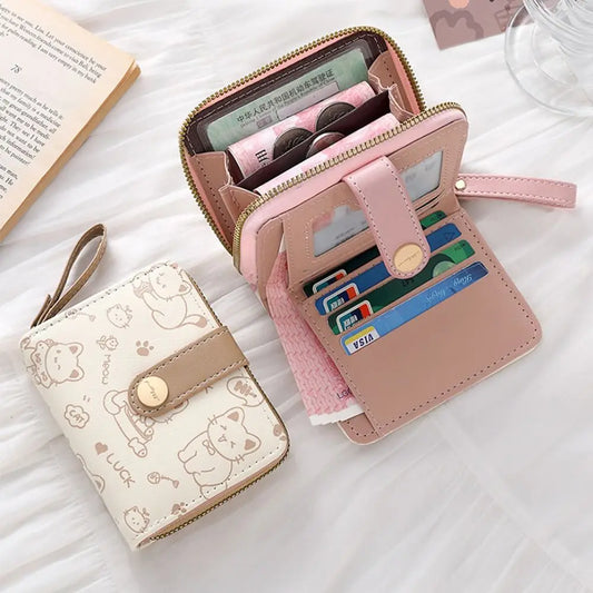 Cute Cat Coin Purse Women Fashion Short Wallet PU Leather Large Capacity Wallet Lightweight ID Card Holder Travel Cash Coin B