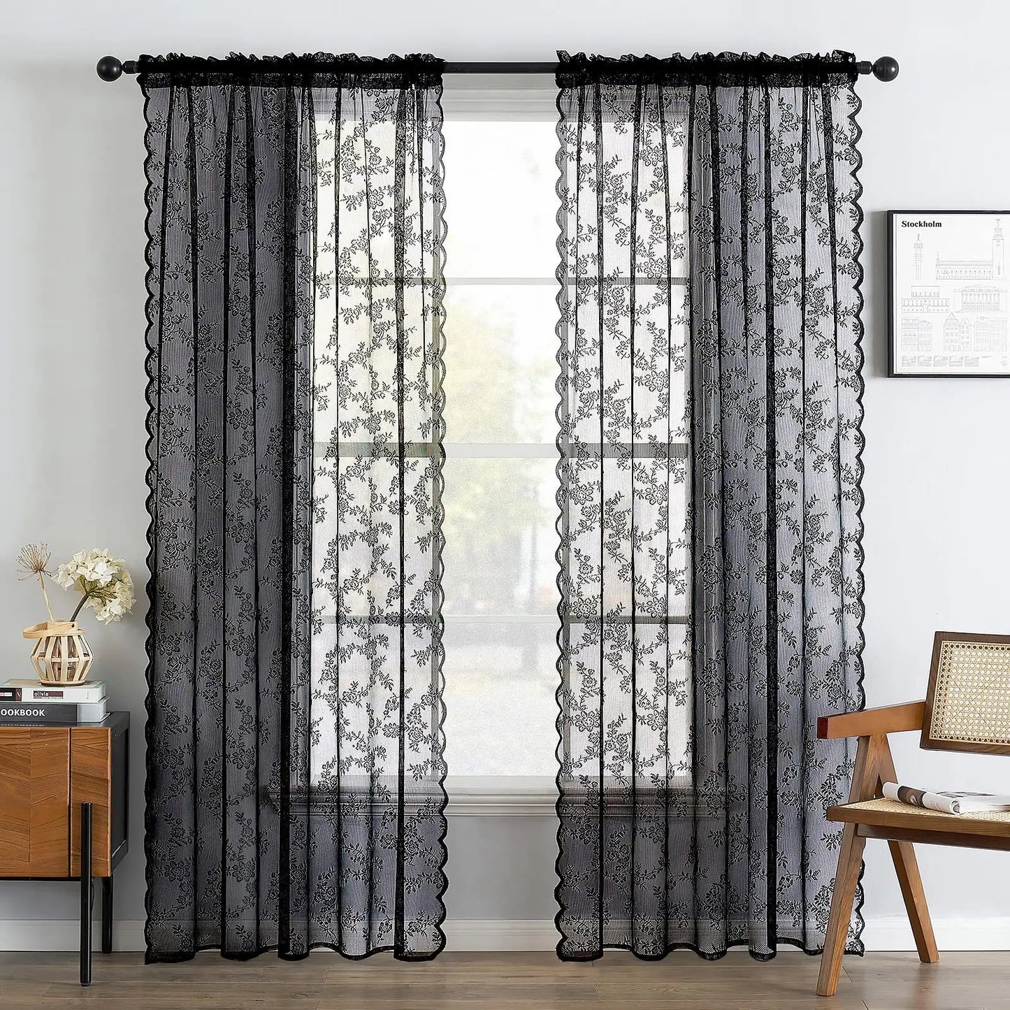 1 Piece Vintage Floral Embroidery Clear Lace Curtain Panel - Privacy & Light Filtering, Machine Washable,