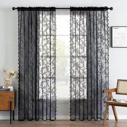 1 Piece Vintage Floral Embroidery Clear Lace Curtain Panel - Privacy & Light Filtering, Machine Washable,