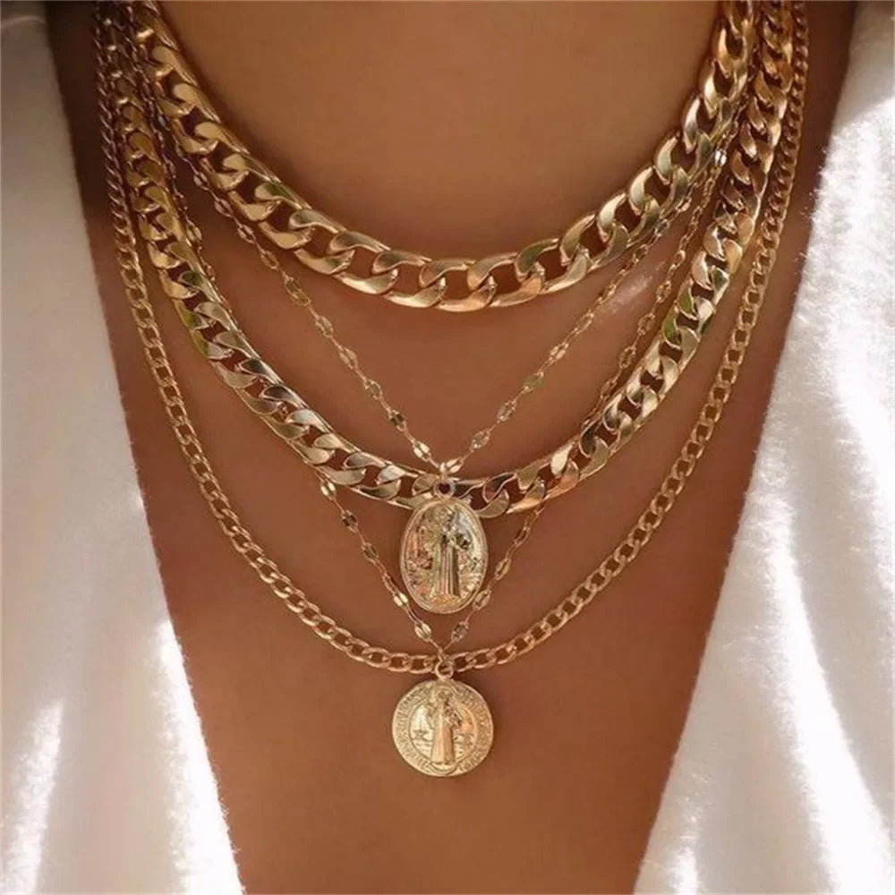Vintage Punk Gold-plate Thick Chain Head Portrait Coin Pendant Necklace For Women Fashion Multilevel Geometric Hip Hop Jewelr