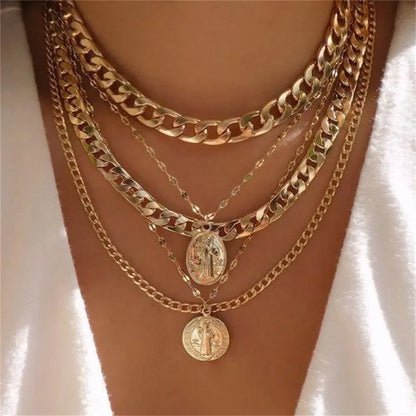 Vintage Punk Gold-plate Thick Chain Head Portrait Coin Pendant Necklace For Women Fashion Multilevel Geometric Hip Hop Jewelr