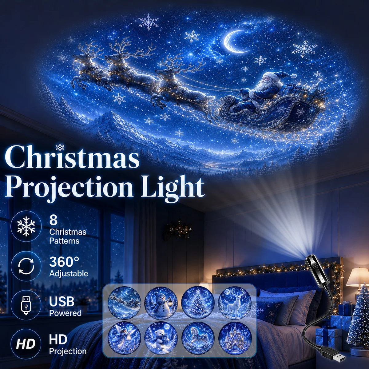 Christmas 8-Pattern Projection Festive Light Decoration Night Light