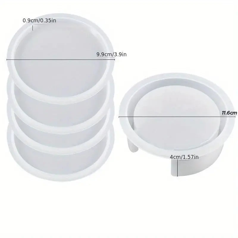 Coaster Resin Molds Set Include 1pc Coaster Storage Box Mold, 4Pcs Silicone Resin Coaster Mold for Epoxy Resin - C