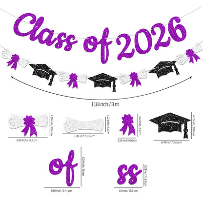 Glitter Gold/Blue/Purple/Red Class of 2026 Banner Graduation Sign with Grad Cap Garland for 2026 Graduation Party Decorations
