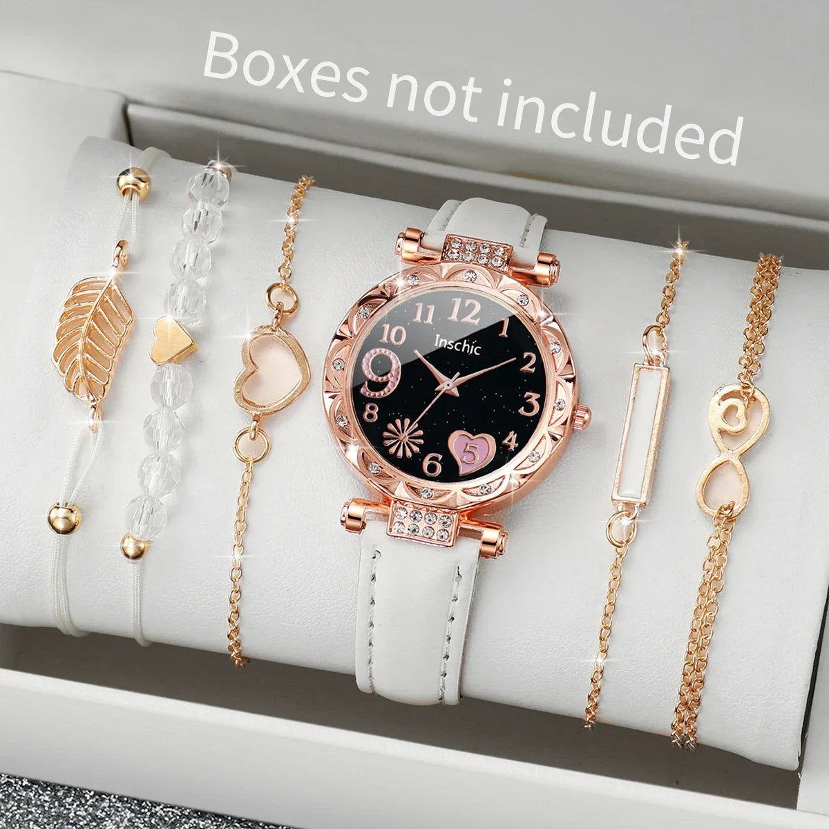 6PCS/Set Fashion Heart Dial Women's Watch Casual Leather Band Analog Quartz Watch Leaf Bracelets Set（Without Box） - White Set
