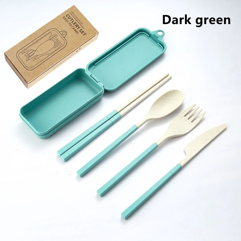 4Pcs Portable Tableware Set Wheat Straw Dinnerware Detachable Cutlery Travel Tableware Picnic Dinnerware Set Camping Cutlery 