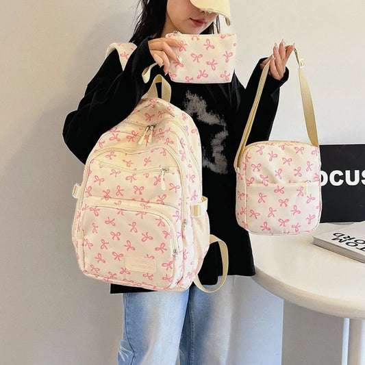 3 Pcs/Set Cute Schoolbag Large Capacity Bow Backpack Bow Print Nylon School Bag Adjustable Strap Travel Backpack