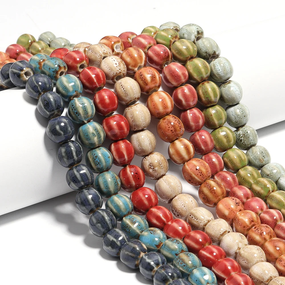 1 Strand Pumpkin Shape Stripe Ceramics Beads Colorful Floral Glaze Beads for Jewelry Making DIY Loose Spacer Beads Accessorie