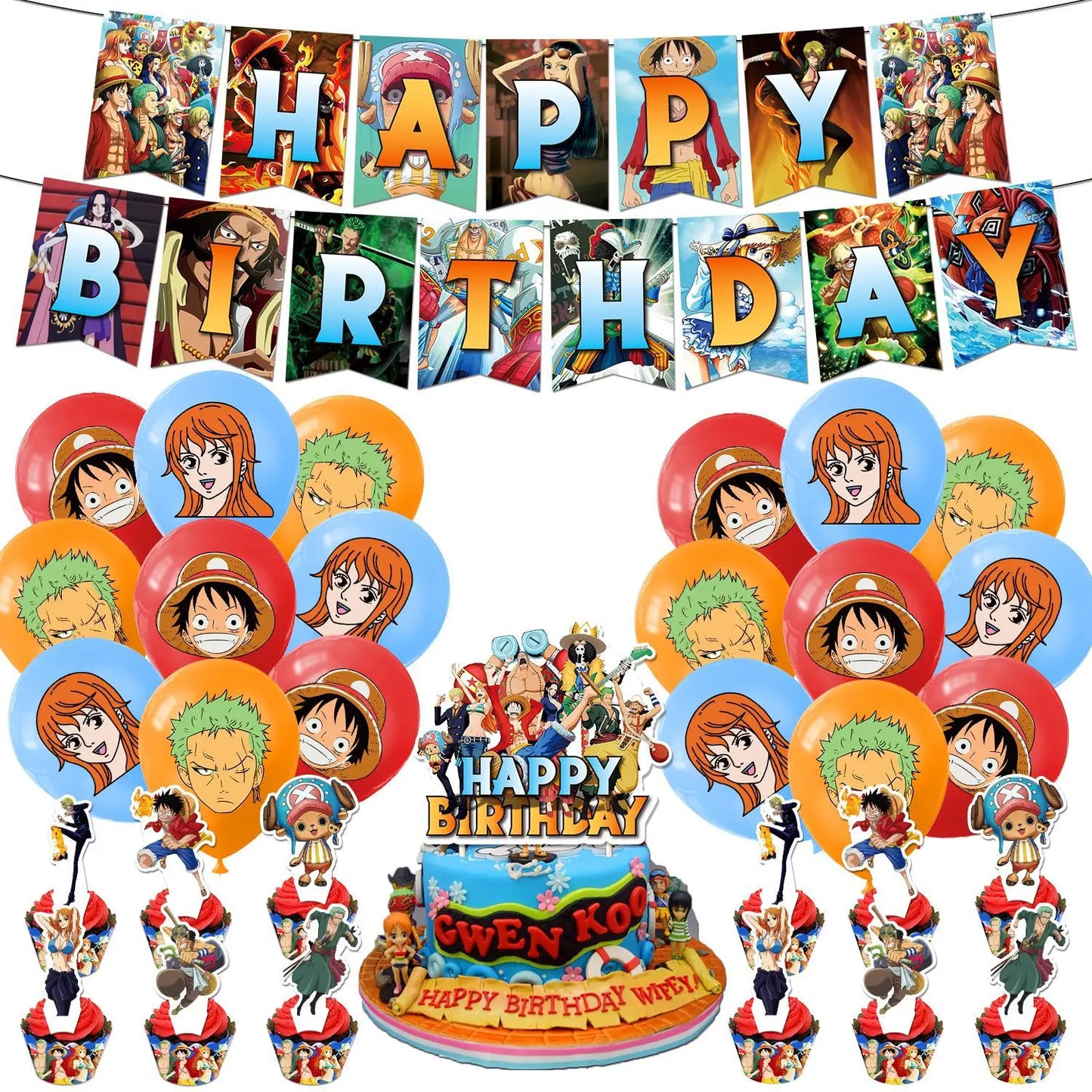 One Piece Birthday Party Dinner Plates Hanging Banner Cake Decoration One Piece Luffy Balloon Party Decoration Theme Props Gi