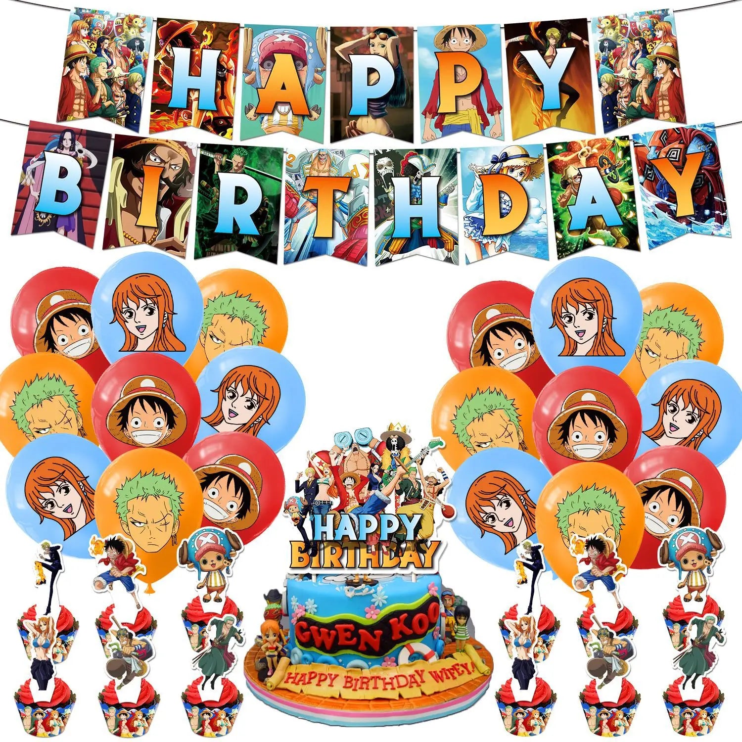 One Piece Birthday Party Dinner Plates Hanging Banner Cake Decoration One Piece Luffy Balloon Party Decoration Theme Props Gi