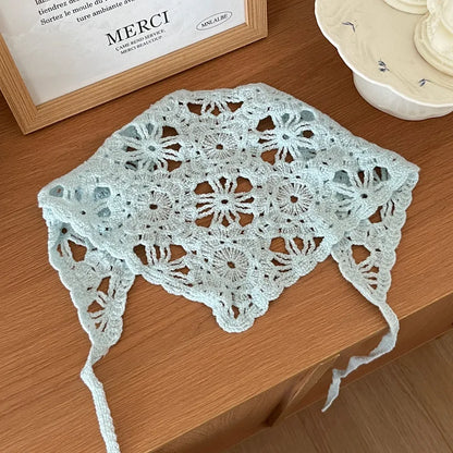 Fashion Knitted Headscarf Women French Pastoral Style Triangle Headband Handmade Crochet Headband Towel Retro Flower Headscar