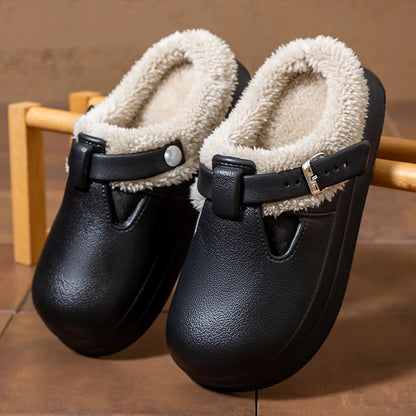 Waterproof Eva Furry Mules Slippers Women 2025 Winter Metal Buckle Warm Plush Slippers Soft Thick Bottom Non Slip Indoor Slid