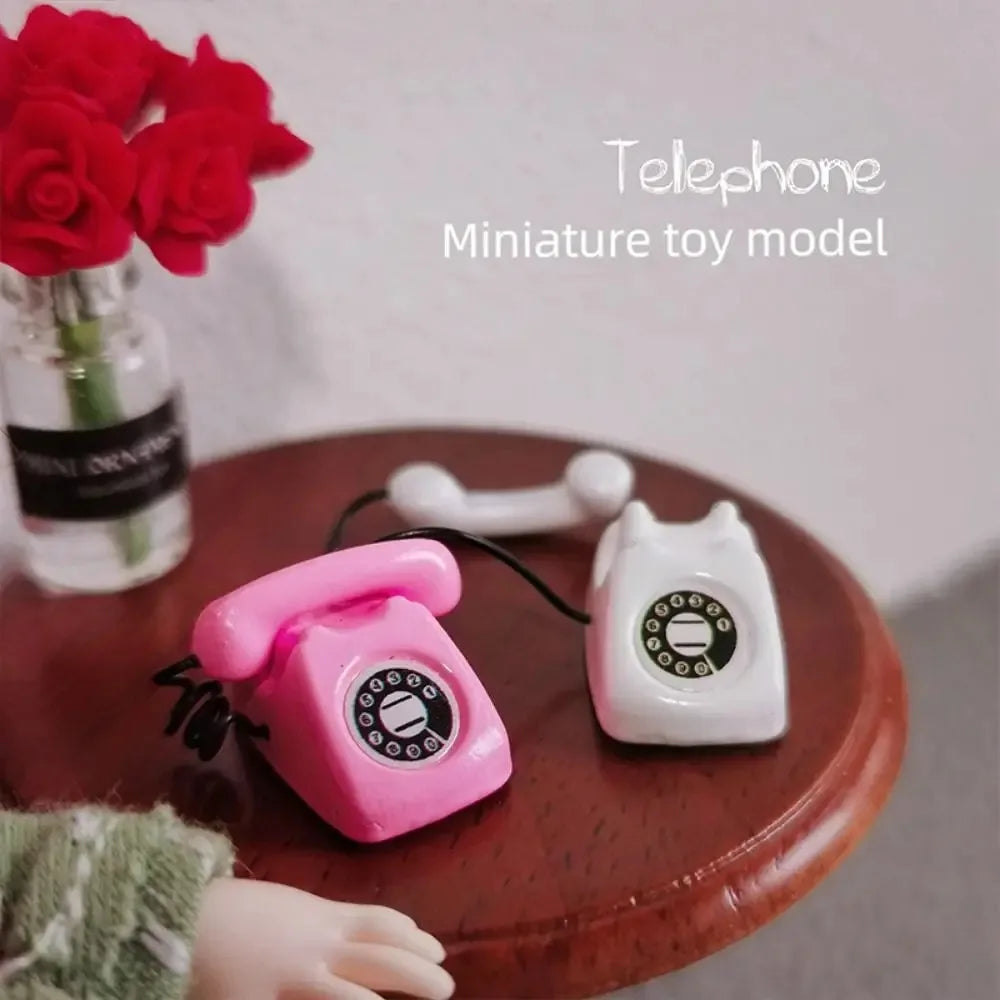 Retro Mini Fixed Telephone 1:12 Dollhouse Miniature Simulation Mini Phone Model Home Furniture Decor Children Pretend Play To