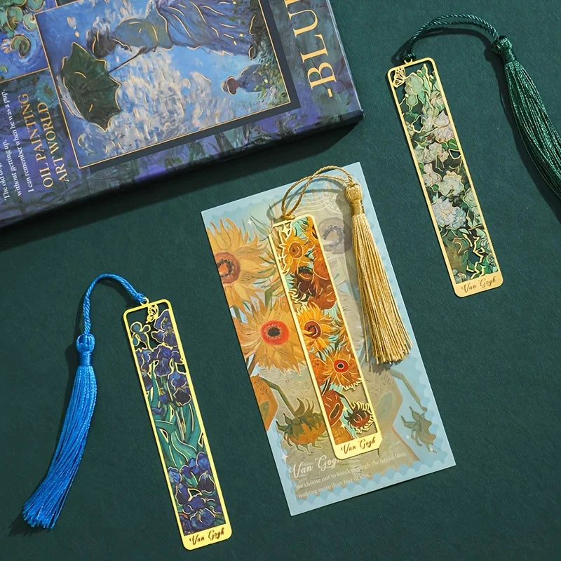 Vintage Oil Painting Metal Bookmarks - Hollow Hot Stamping Long Tassel Elegant Bookmarks - Stationery Gifts for Book Clubs, B