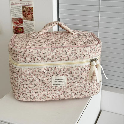 Vintage Women Floral Print Cosmetic Pouch Handbag Travel Orgainzer Make Up Storage Bag Large Capacity Quilted Bag For Gift