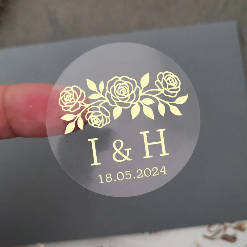 50 X Foiled Wedding Monogram Initials Stickers, Personalised Wedding Favour Labels, Custom Shiny Foil Gold Transparent