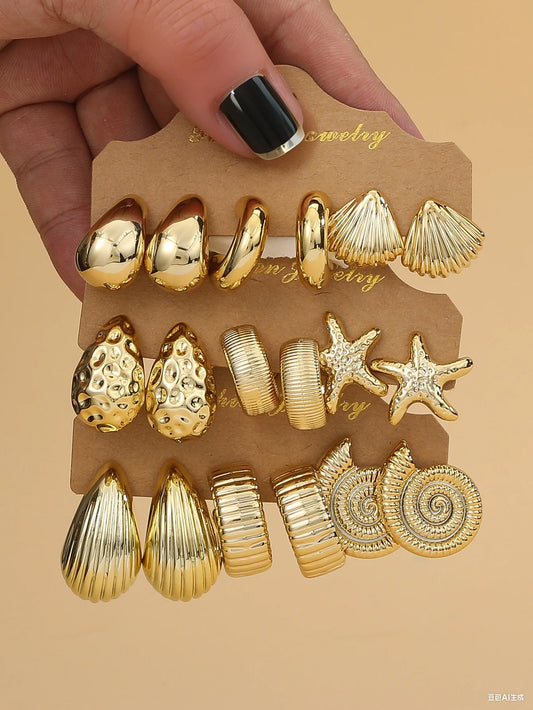 3PAIRS-6PAIRS/Set Fashionable &Golden Starfish, Seashell, Smooth Water Drop,Textured C-Shape Earrings Set,Travel & Vacation W