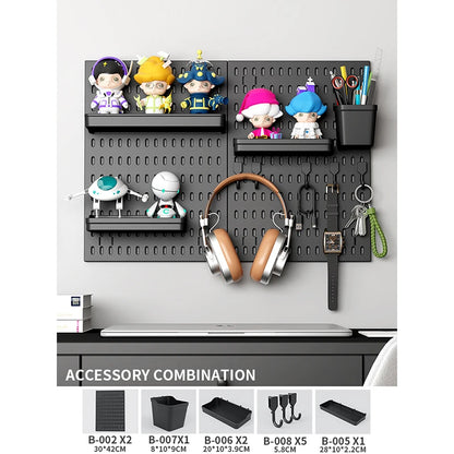Home Office Pegboard Wall Storage Panel, PP Plastic Hole Board with Multi Hooks Shelf for Study Desk Stationery, Black White 