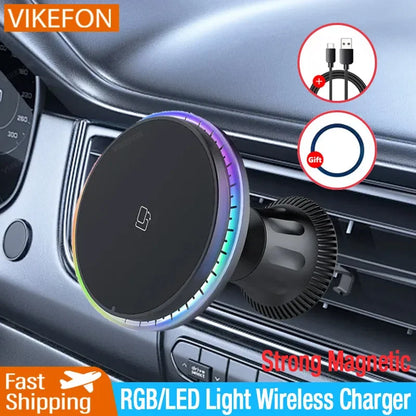 30W Magnetic Car Wireless Chargers RGB LED Light For iPhone 12 13 14 15 Pro Max Phone Holder Stand Mount Fast Charging Statio