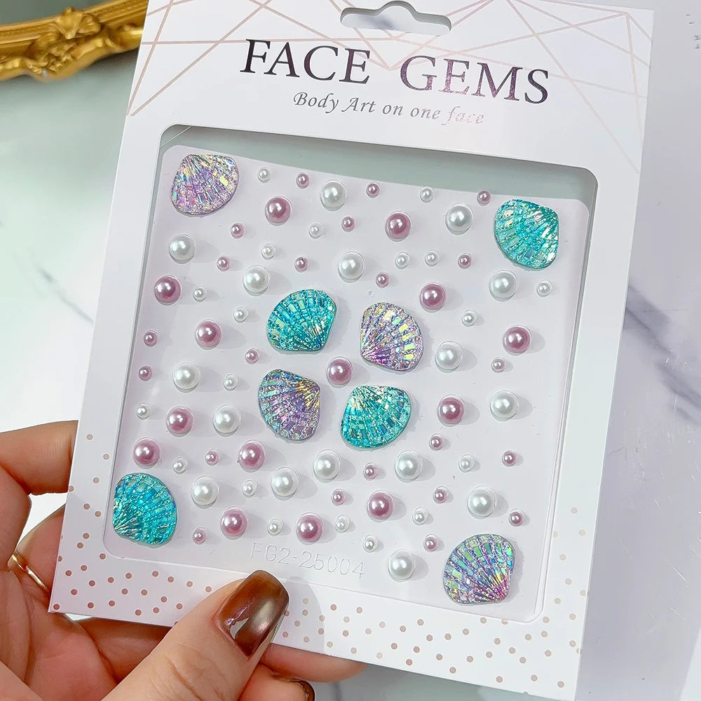 1Sheet 3D Dreamy Shell Pearl Gems Face Stickers Sparkling Mermaid Diamond Temporary Tattoos DIY Body Art Stage Makeup Rhinest