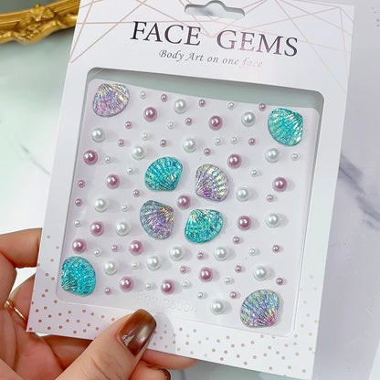 1Sheet 3D Dreamy Shell Pearl Gems Face Stickers Sparkling Mermaid Diamond Temporary Tattoos DIY Body Art Stage Makeup Rhinest