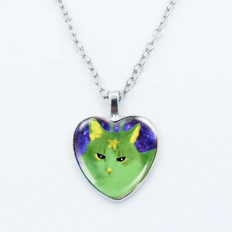 Cute Funny Rainbow Alien Cat Heart Pendant Necklace Animal Shape Art Photo Glass Cabochon Jewelry Children's And Women's - 15
