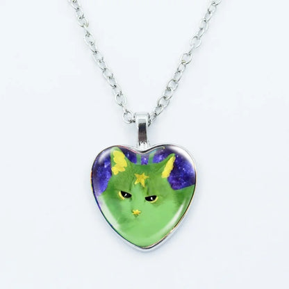 Cute Funny Rainbow Alien Cat Heart Pendant Necklace Animal Shape Art Photo Glass Cabochon Jewelry Children's And Women's - 15