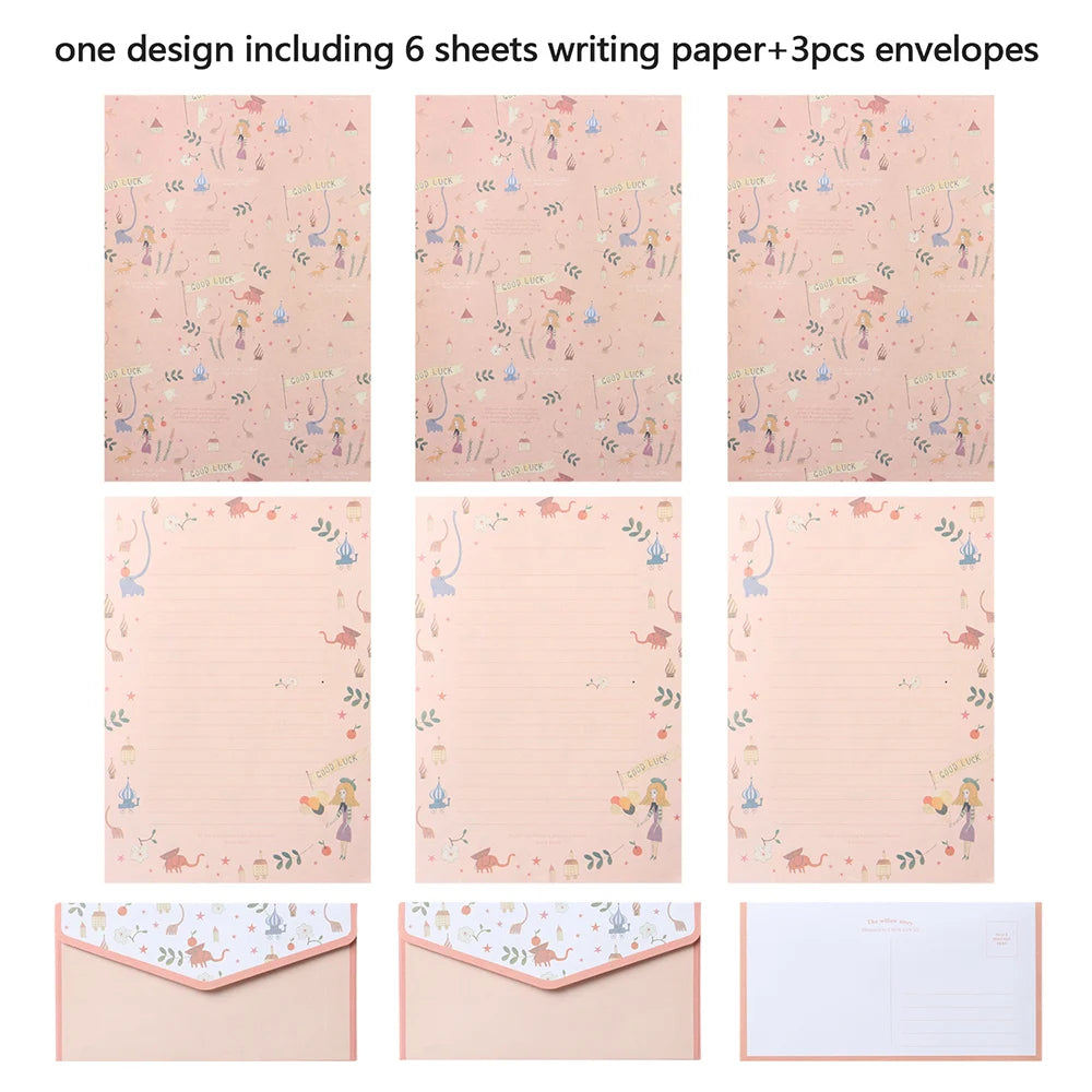 6Pcs Differrent Design Writing Paper With 3Pcs Envelopes Cartoon Pattern Vintage Floral Letter Stationery School Office Suppl