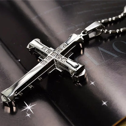 2024 New Male Crystal Cross Jesus Pendant Gold/Black/Blue Color Zirconia Cross Pendant Necklace Stainless Steel Jewelry - Sil