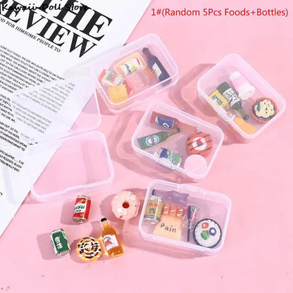 5PCS 1:12 Scale Cute Mini Dollhouse Miniature Drink Bottle Cake Desserts Bento Food Pretend Play Food Toy Kitchen Accessories