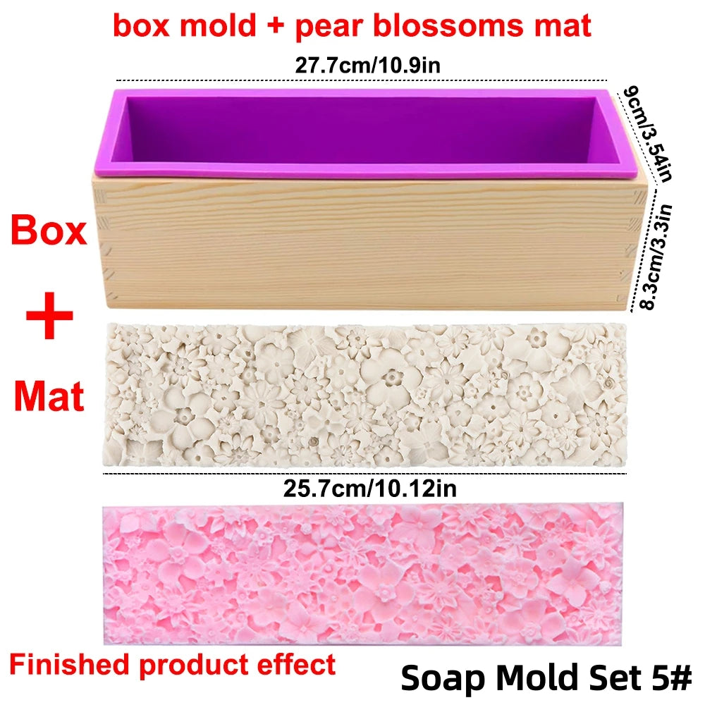 Silicone Wooden Box Soap Mold Making Kit DIY Artistic Soap Making Mold with Flexible Rectangle Floral Flower Embossing Mat - 