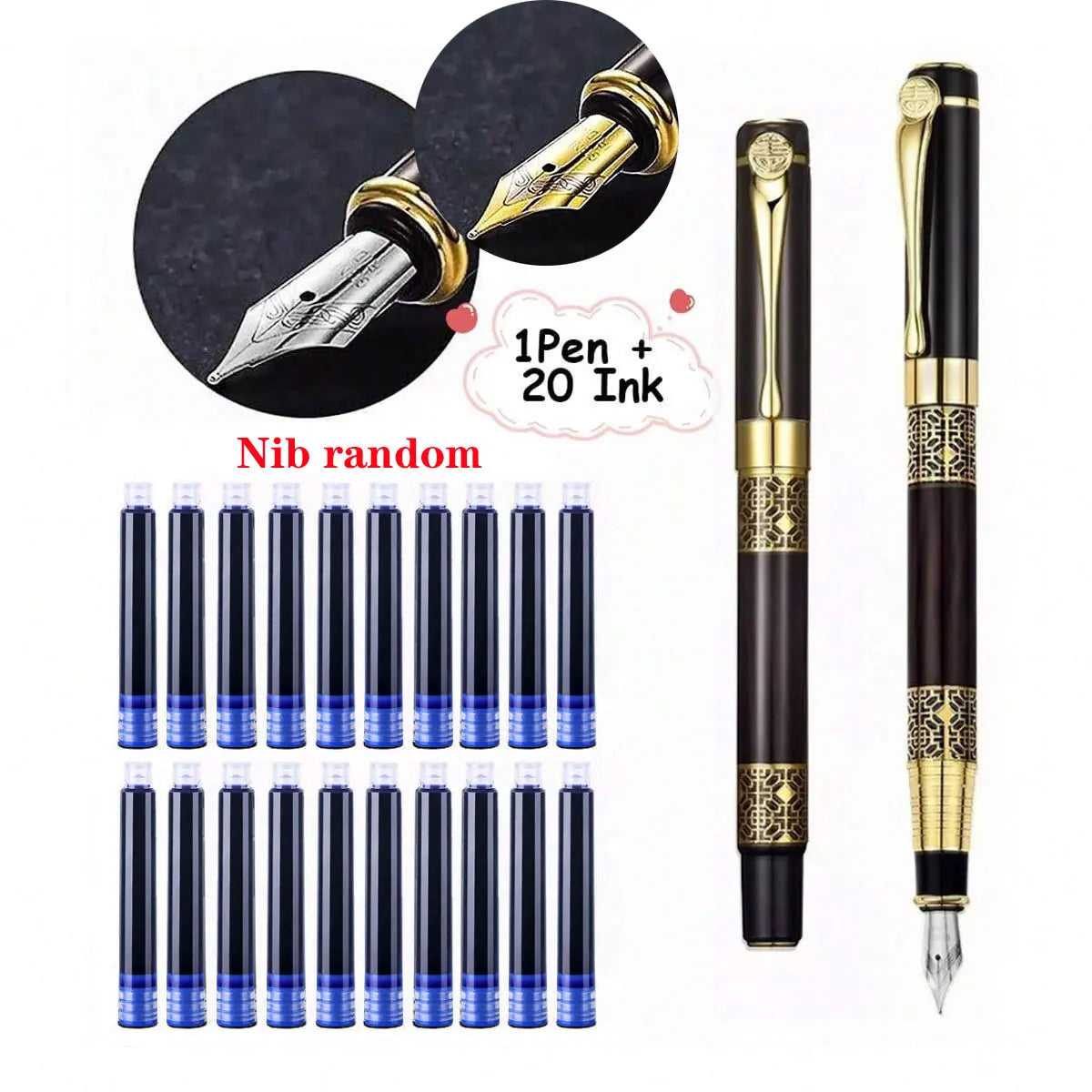 1-100Pcs/Set Retro Metal Fountain Pen Replaceable Ink Elegant Gift for Writing Stationery Office School Supplies - Black-Blue