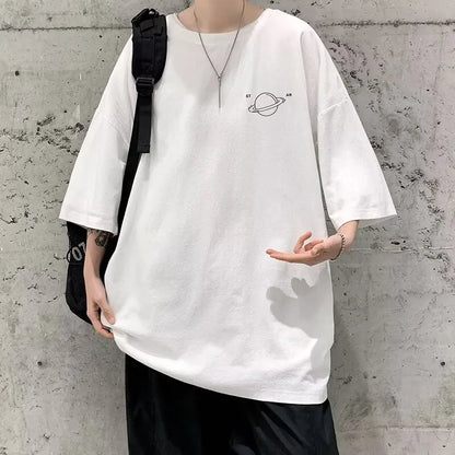 Minimalist Planet Printed Men's Casual Top M-8XL Large Size T-shirt Trendy Versatile Short Sleeve