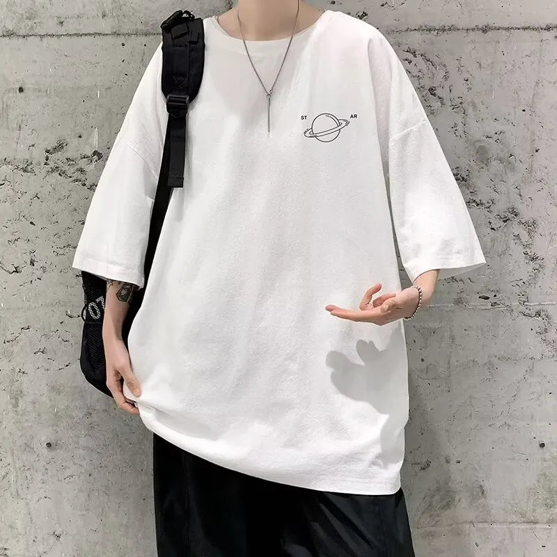 Minimalist Planet Printed Men's Casual Top M-8XL Large Size T-shirt Trendy Versatile Short Sleeve - WHITE / 8XL